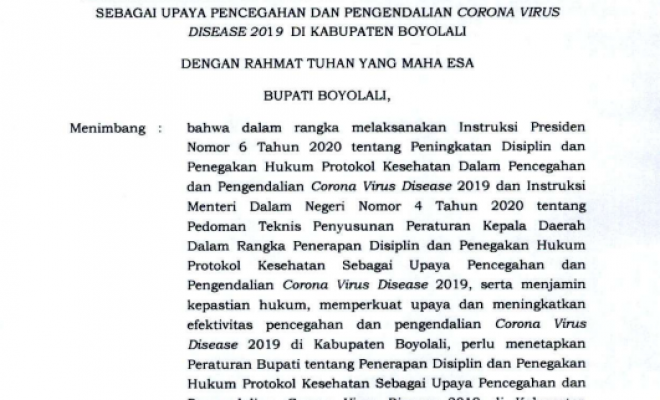 PERBUP NO 49 TAHUN 2020 PENERAPAN DISIPLIN DAN PENEGAKAN HUKUM PROTOKOL KESEHATAN SEBAGAI UPAYA PENCEGAHAN DAN PENGENDALIAN COVID-19